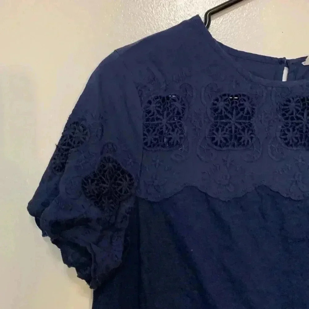 Phase Eight Short Sleeve 100% cotton T-shirt w cutouts and embroidery, Navy Blue